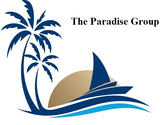 The Paradise Group palm trees, sailboat and waves logo
