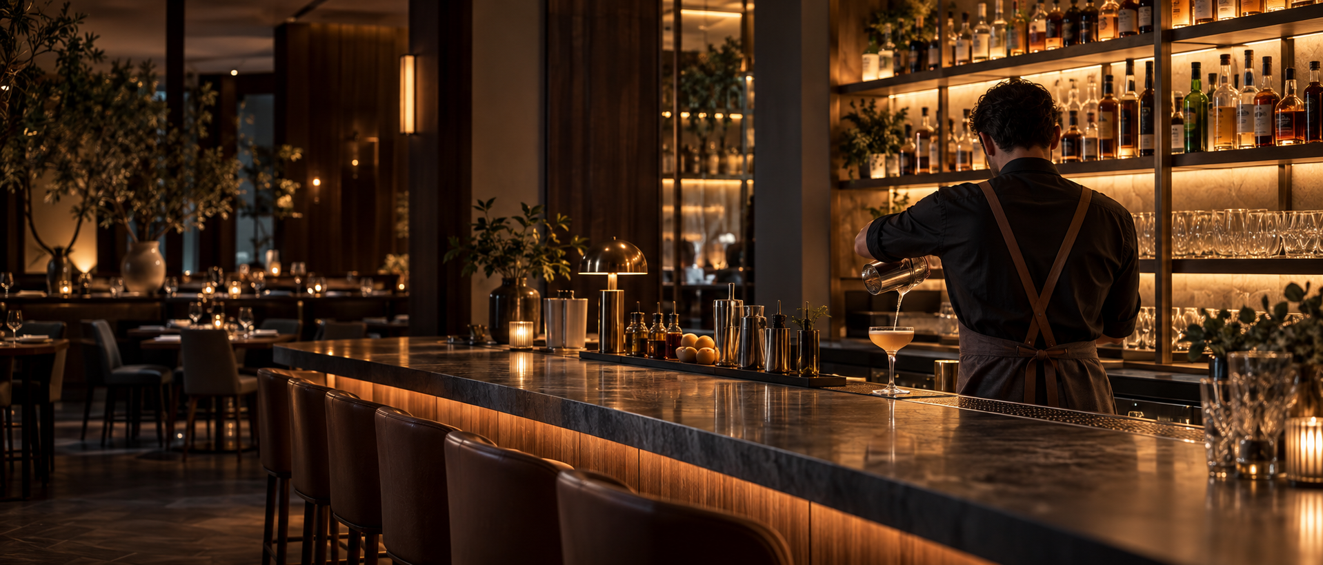 A bartender preparing a cocktail in a refined contemporary bar